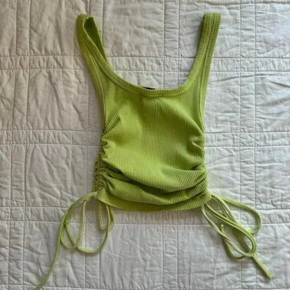 Forever 21 sz small Y2k butterfly embroidered crop top lime ruched ties fairy - Picture 4 of 7